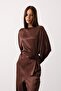 Coffee Rose Brooch Belted Asymmetrical Cut Blouse and Elastic Waist Pants Satin Suit Vs01139 - 3