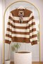 Women's Striped Sweater with Scarf and Pleated Leather Skirt Set - 2
