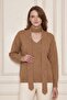 Women's Soft Textured V-Neck Oversized Wool Knitwear Sweater Scarf Set 7141 Camel