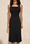 Siyah Bodycon Havuz Yaka Kolsuz Aksesuar Detaylı Midi İnterlok Örme Elbise TWOSS26EL00015 - 3