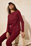 Bordo Regular Asimetrik İspanyol Paça Pamuk Ribana Örme Alt-Üst Takım TWOSS26AU00027 - 2