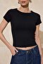 Siyah Fitted/Vücuda Oturan Kayık Yaka Kısa Kollu Crop Pamuk Ribana Örme Bluz TWOSS26BZ00276 - 3