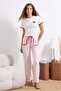Beyaz-Pembe Pamuklu Ekoseli Kalpli Şerit Detaylı Örme Pijama Takımı THMSS26PT00063 - 2