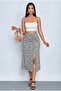 Women's Floral Patterned Front Slit Gathered Detailed Woven Crinkle Midi Crepe Skirt - 3