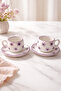 Purple Flower Detailed Handmade Ceramic Set of 2 Turkish Coffee Cups Stylish Elegant Special Design