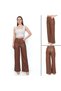 Women's Brown Button and Zipper Detailed Inside Pocket Fleece-Lined Back Pocket Detailed Wide Leg Leather Pants Leggings - 6