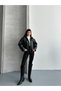 O Oversized Women's Leather Jacket with Plush Detailing and Fur Inside, Belt Buckle at the Waist - 9