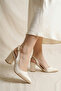 Women's Beige Satin Fabric Asymmetrical Strappy Pointed Toe Thick Heeled Shoes - 3