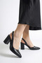 Women's Black Leather Asymmetrical Strappy Pointed Toe Chunky Heel Shoes - 8