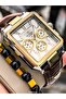 Square Dial, Brown Leather Band Golden Yellow Color Functions Active Men's Wristwatch+Bracelet - 2