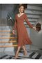 Women's Knitwear V-Neck Long Sleeve Wool Viscose Midi Length Dress-Brown - 2