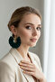 Women's Gold Color Hoop Dangle Earrings – Dark Green Fabric Beaded Design - 8