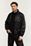 Men Black Padded Zip Mock Neck Jacket