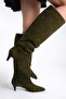Women's Khaki Suede Heeled Pointed Toe Below-The-Knee Boots - 5