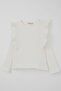 Girl's Long Sleeve T-Shirt with Ruffled Shoulders, Ages 3-7, Ecru - 7
