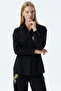 Pure Linen Embroidered High Waist Loose Cut Black Trousers - 4