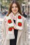 Megahan Boutique Orgu Red Rose Motif White Scarf Fingerless Gloves.Set