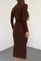 Long Sleeve Flexible Sandy Fabric Mock Neck Transparent Low-Cut Midi Length Brown Evening Dress 10957 - 7