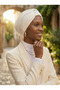 Crystal Butterfly Stone Embroidered Ribbed Lined Ecru Ready-Made Turban Hijab Evening Dress Bonnet - 8