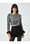 Crop Evening Dress Blouse Sequined Feather Detailed Long Sleeve - 4