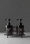 Set of 2 Amber Glass Soap Dispensers 220 ml with Black Metal Stand and Sponge Holder Kitchen Bathroom Set
