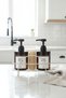 Set of 2 Amber Glass Soap Dispensers 220 ml with Black Metal Stand and Sponge Holder Kitchen Bathroom Set - 7