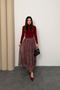 Women's Shawl Patterned High Waist Elastic Chiffon Maxi Length Long Skirt Burgundy - 3