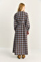 Women's Brown Blue Plaid Patterned Crew Neck Belted Flared Cotton Dress 5611 60283899 - 8