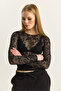 Women's Black Crew Neck Gathered Side Floral Patterned Transparent Tulle Blouse 6114 60283924 - 4