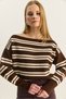 Women's Brown Boat Neck Striped Knitwear Sweater 34105 60283909 - 5