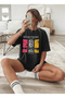 Women's Colorful Flower Printed Motivational Black T-Shirt
