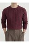 Men's Burgundy Crew Neck Slim Fit Hair Braided Knitwear Sweater - 2