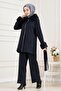 Fur Collar and Sleeve Trim Suit-Dark Blue - 3