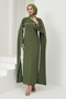 Dark Oil Green Pearl Detailed Cape Evening Dress - 3