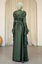 Dark Green Sleeve Layered Front Draped Satin Evening Dress - 5