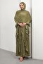 Dark Oil Green Ruffled Evening Dress with Cape - 2
