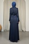 Navy Blue Off-The-Shoulder Shoulder Pad Satin Evening Dress - 5