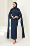Navy Blue Pearl Detailed Cape Evening Dress - 3