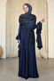 Navy Blue Sleeve Layered Front Draped Satin Evening Dress