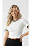 Women's White Striped Ribbed Knit Crop Blouse Nj52