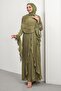 Dark Oil Green Ruffled Evening Dress with Cape
