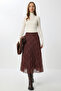 Patterned Pleated Midi Chiffon Skirt Lzv0047 Brown Khaki