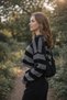 Black Gray Striped Crew Neck Crop Women's Knitwear Sweater - 2