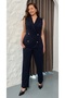 Women's Plus Size Double-Breasted Lapel Zero Sleeve Button Brooch Detail Stretchy Blouse Pants Bottom-Top Set 26015 - 6