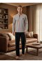 Men's New Season Gray Crew Neck Long Sleeve Special Design 100% Cotton Pajama Set - 7