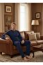 Men's New Season Navy Blue Crew Neck Long Sleeve Special Design 100% Cotton Pajama Set - 4