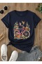 Unisex Navy Blue Floral Bicycle Printed Crew Neck T-Shirt