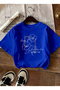 Women's Gold Framed Flower Printed Cobalt Blue T-Shirt
