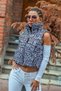 Black and White Written Stand Collar Short Puffer Vest with Elastic Waist Pockets - 6