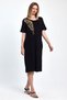 Black short sleeve midi dress with gold embroidered collar and pockets - 2